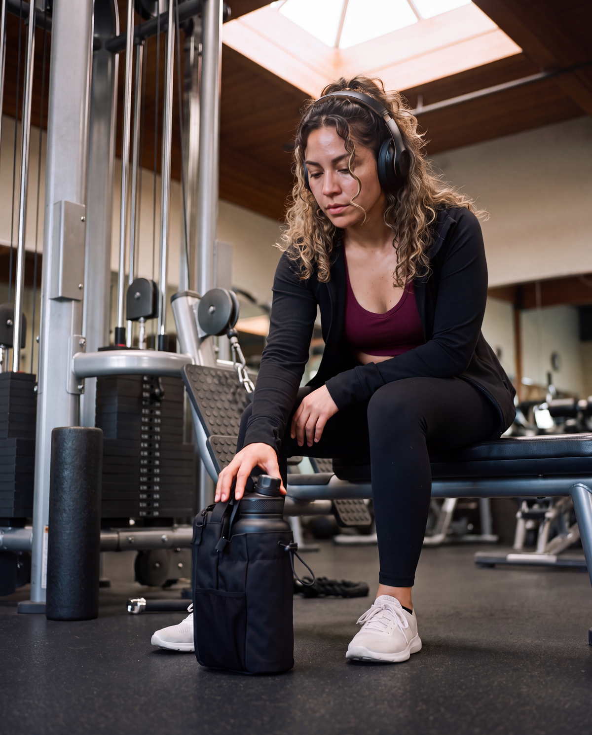 Woman on a gym bench reaching for the bottle bag on the floor beside her