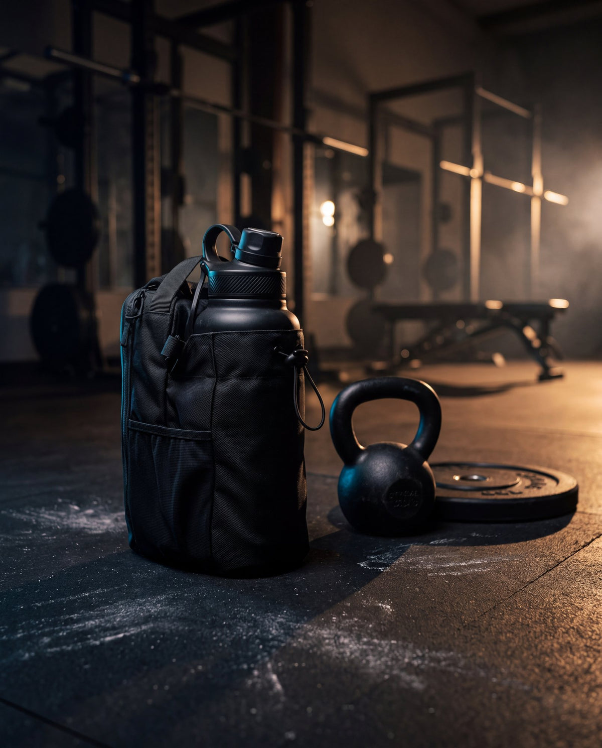 Black magnetic bottle bag with a matte black bottle on a dark gym floor beside a kettlebell