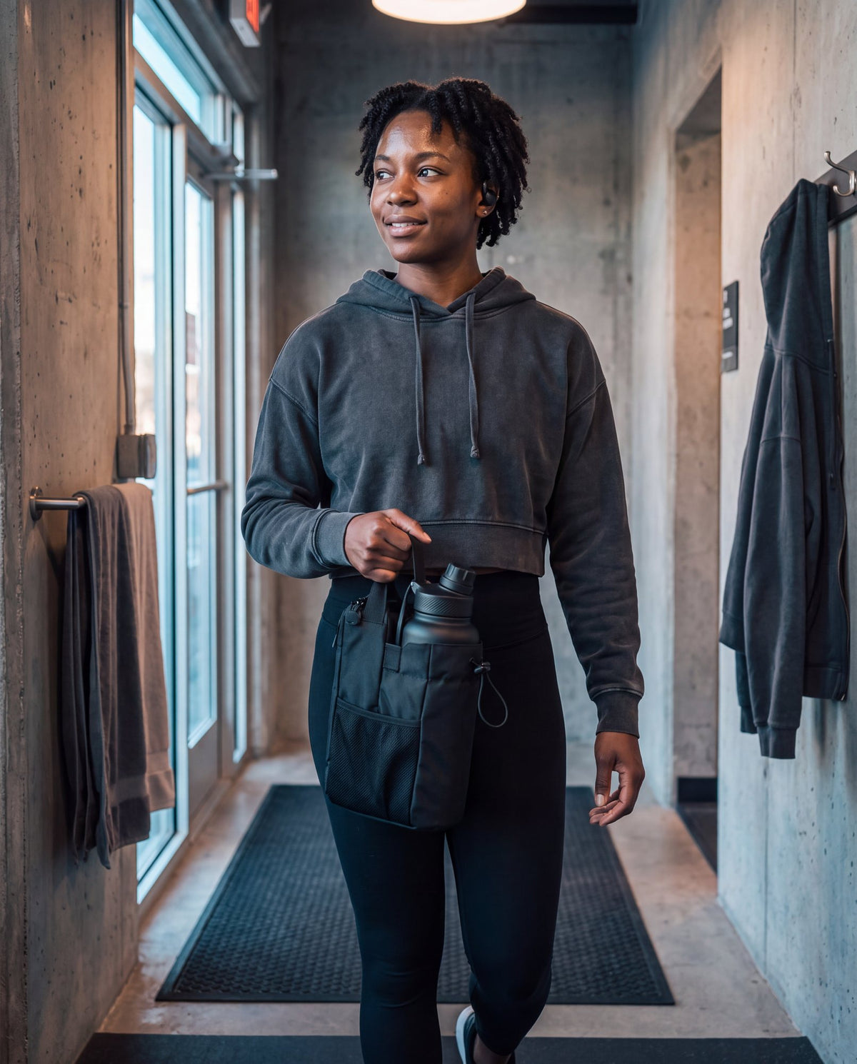 Woman walking into the gym carrying the black bottle bag by its handle