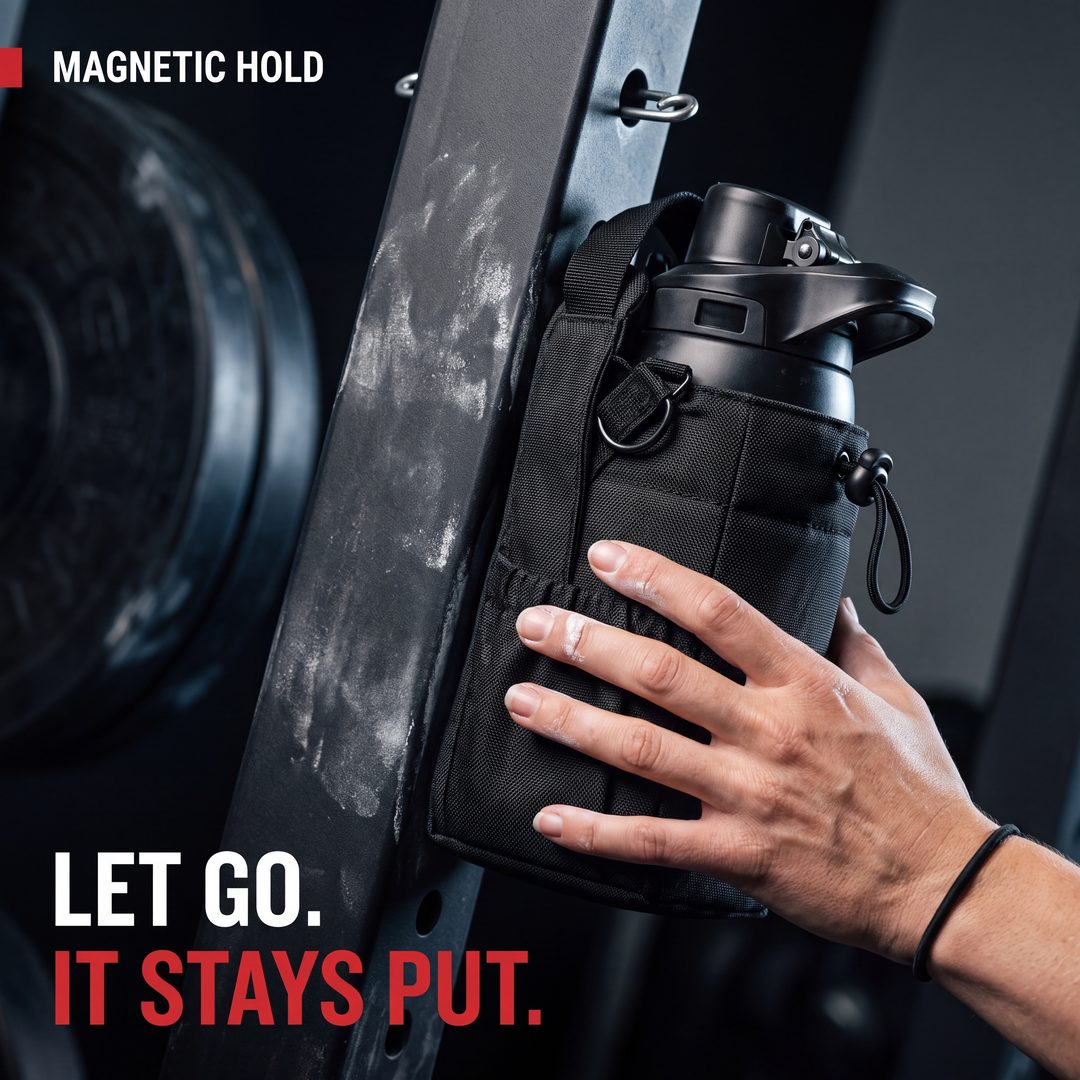 The bottle bag attached by its magnetic back to the upright of a weight machine next to a 45 lb plate