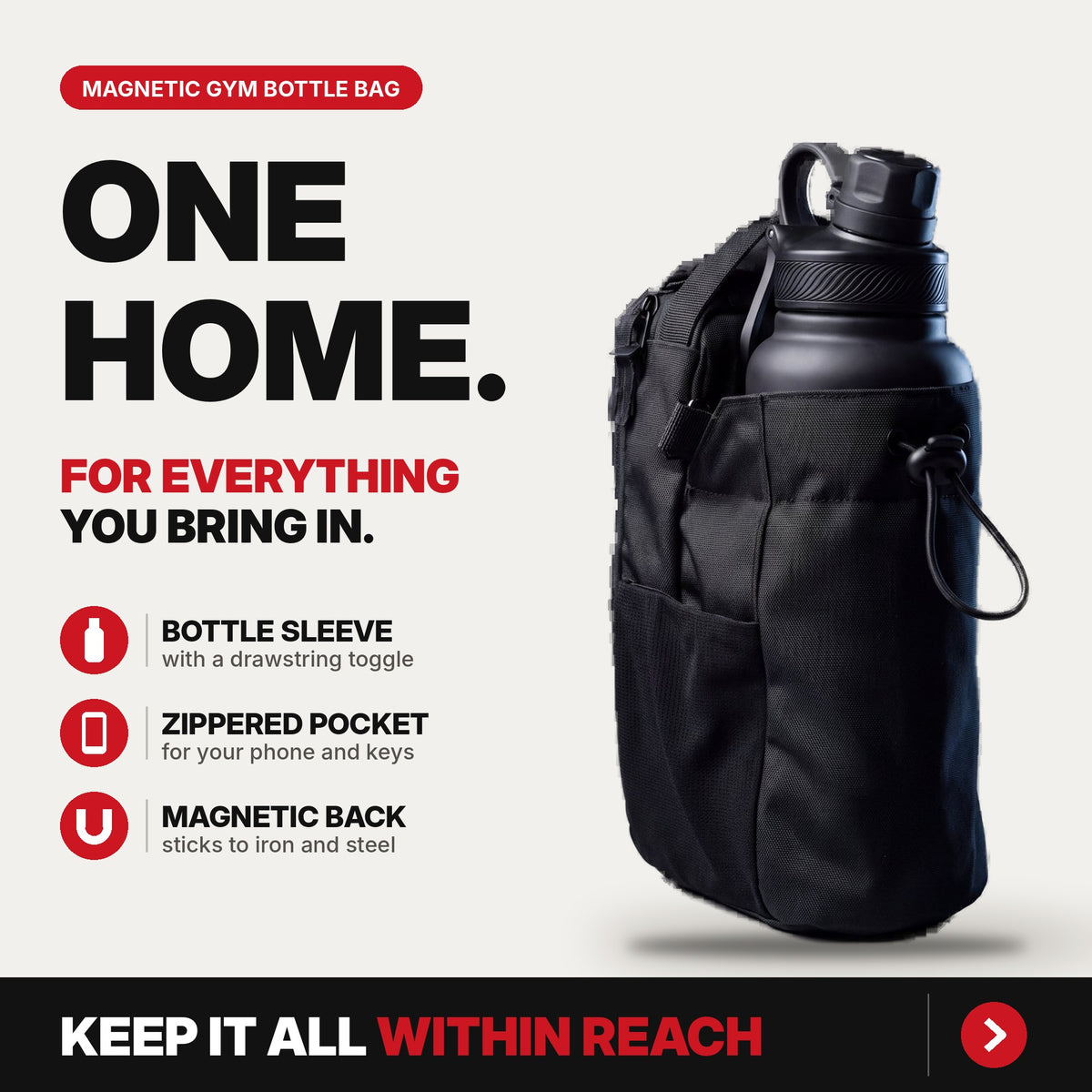 Side view of the black bottle bag showing the handle, bottle sleeve and drawstring