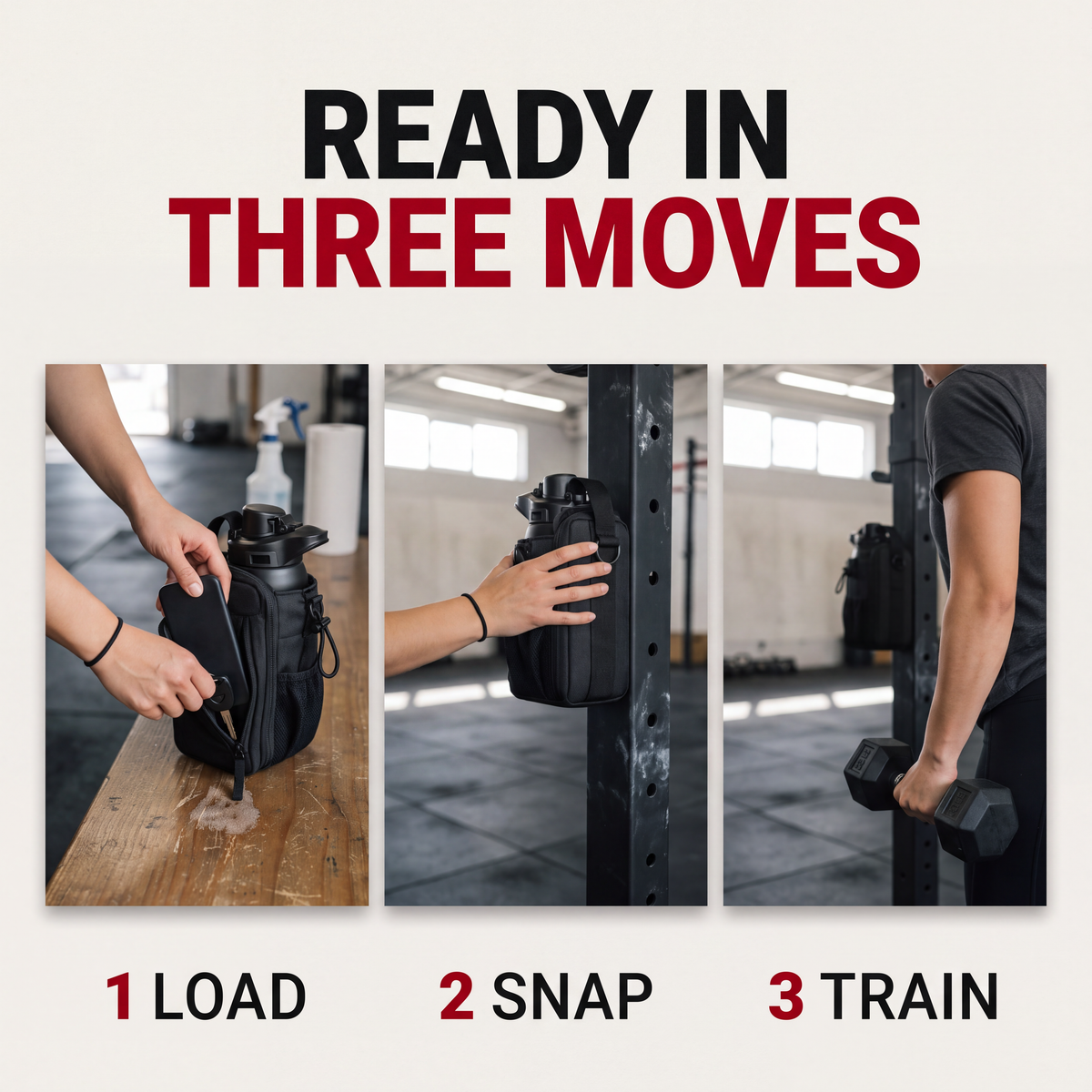 Three photos showing the bag being loaded with a phone, snapped onto a squat rack, and hanging beside a person training